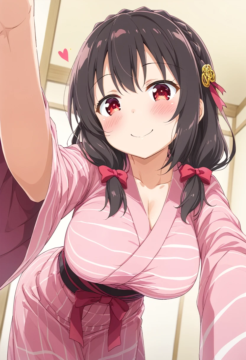 yunyun、masterpiece,Best Quality,  High Resolution ,One person, Yunyun、 crown braid the same color as my hair, Black Hair、Red eyes、 hair accessories , Hair Ribbon, Pink Yukata, (四つん這い:1.4)、(She has big breasts)、(Smiling Kindly:1.4)、(blush:1.3)、indoor、♥、heart、( it's opening its mouth)、(四つん這い:1.6)、(Leaning forward)、View the viewer、View from below