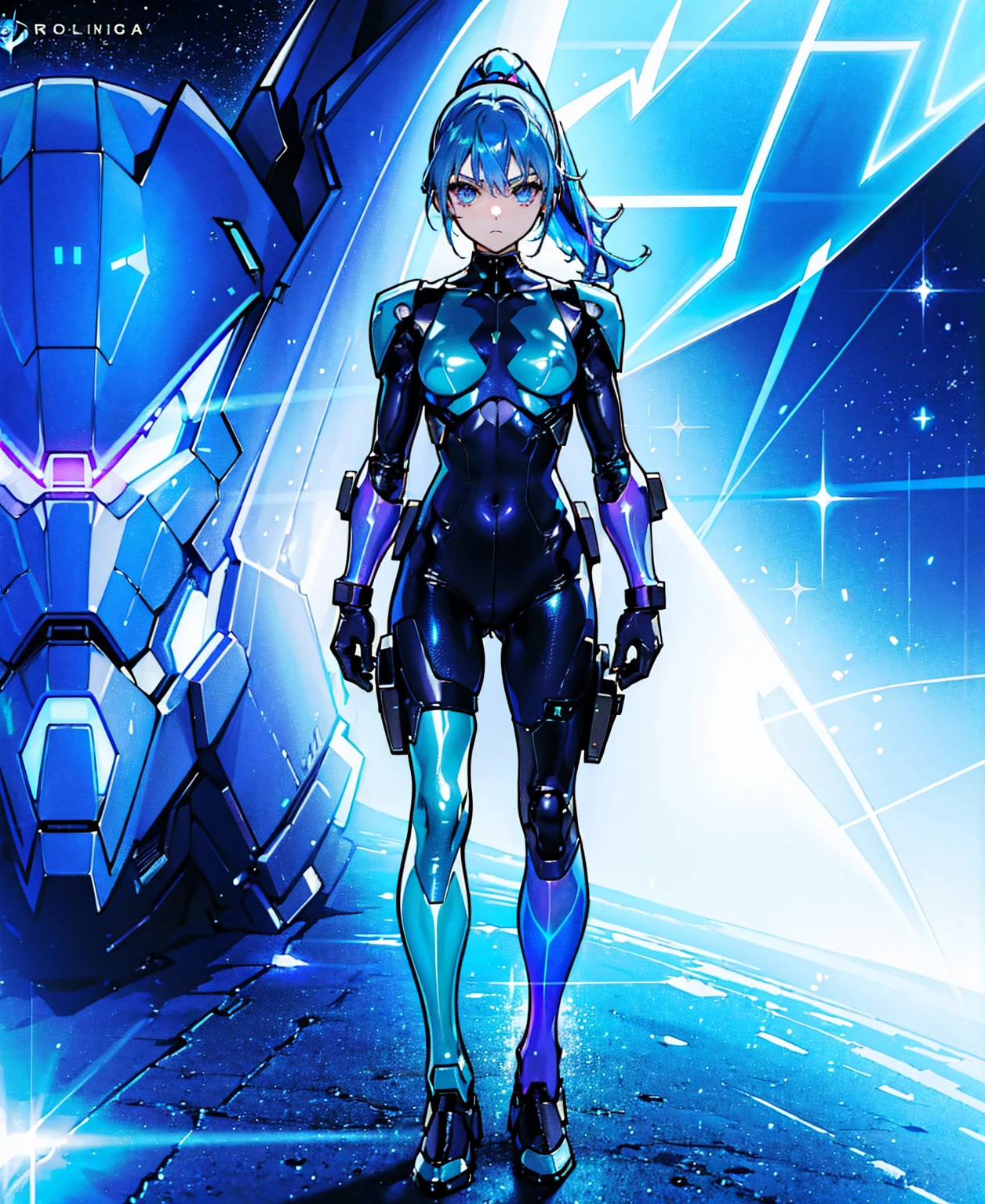 ((Holographic glow effect))、Blue Hair、Masterpiece、 Best Quality、1 person、Medium breast、(( album cover ))、 light on face、 slim body、Blue Costume、Exoskeleton、Metal Gear、 cyberpunk style、 ponytail、Gundam Pilot、attention arousal，Ride a fighter jet 