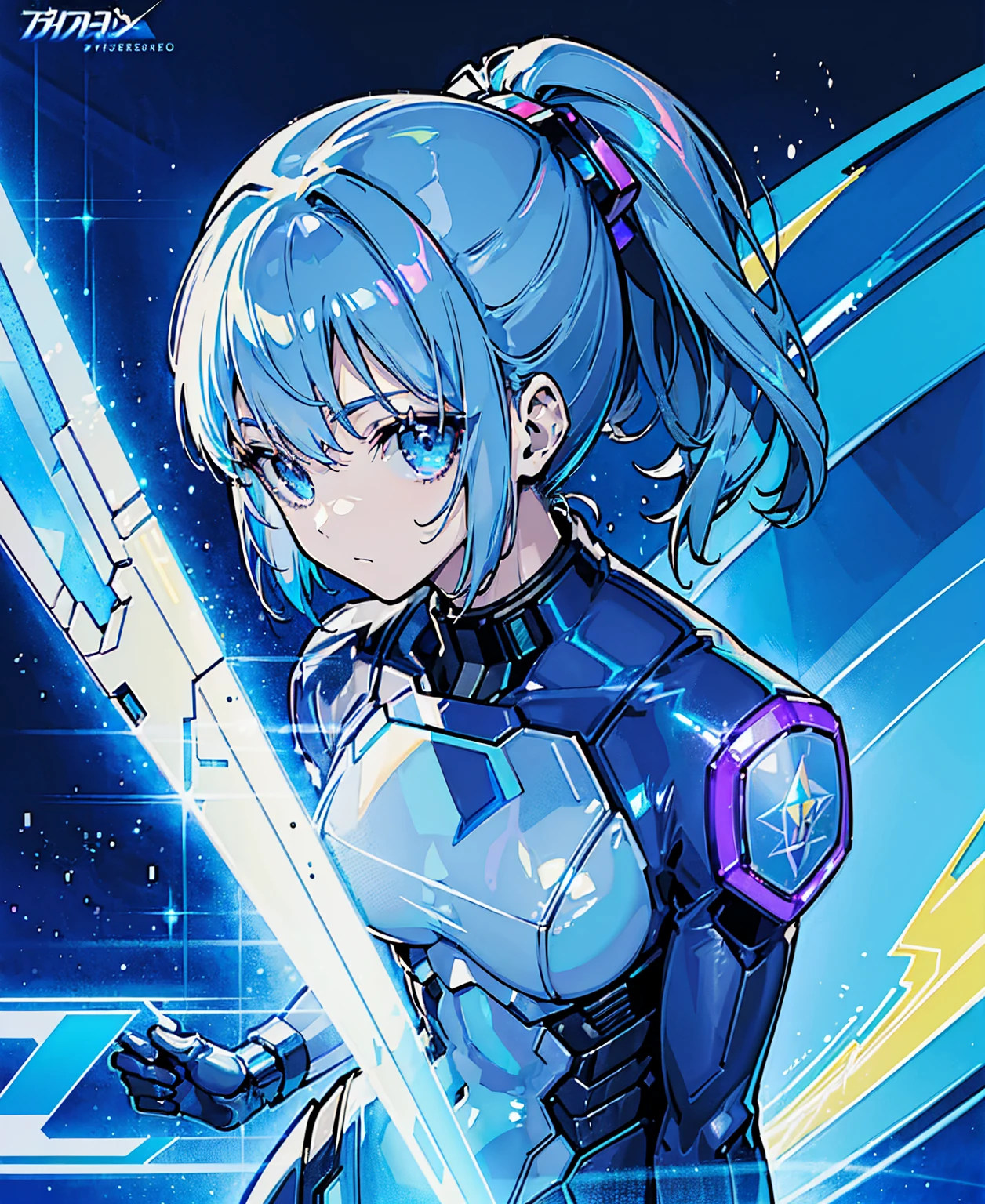 ((Holographic glow effect))、Blue Hair、Masterpiece、 Best Quality、1 person、Medium breast、(( album cover ))、 light on face、 slim body、Blue Costume、Exoskeleton、Metal Gear、 cyberpunk style、 ponytail、Gundam Pilot、attention arousal，Ride a fighter jet 