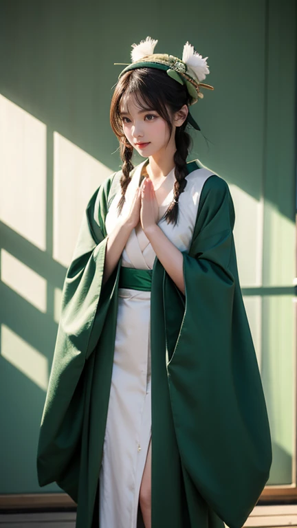 full body display、One woman、18 years old、Age 18、beautiful girl、Slit eyes、almond-shaped eyes、 a praying mantis and half of a human 、Half-mantis and half-human、The green braided hat 、Green kimono、 Japanese sword in the right、 The left hand looks like a praying mantis's forearm、Her left arm is sickle-shaped, like the forearm of a praying mantis、