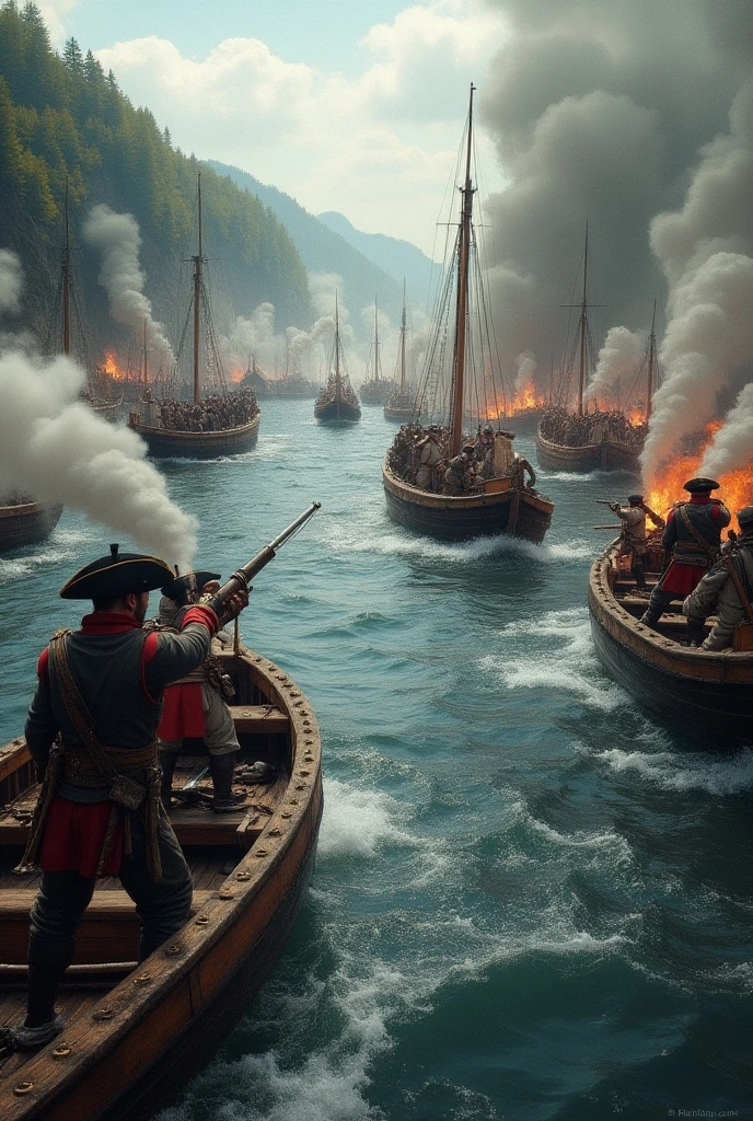 Arafed boats are on the water with people on them, an epic viking battle scene, Cultura Viking, Directed by: Artur Tarnowski, Directed by: Roman Bezpalkiv, Cidade Viking, Directed by: Rajmund Kanelba, Viking, Directed by: Anato Finnstark, Directed by: Daniel Ljunggren, Directed by: Jens Søndergaard