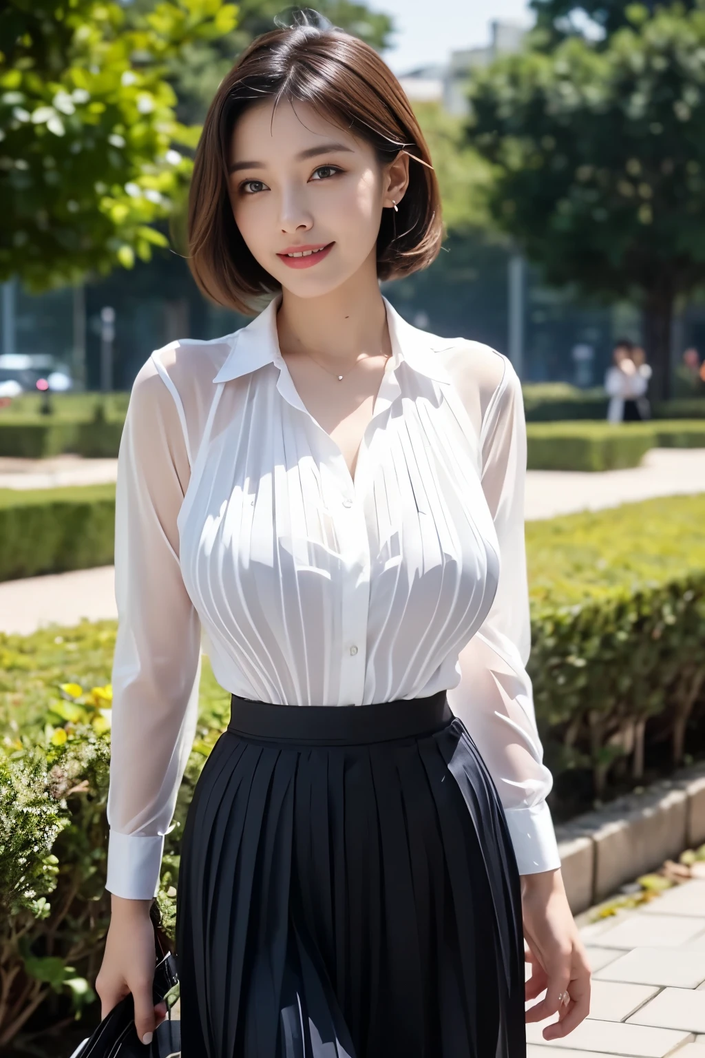 NSFW, 8k RAW photo, top-quality, masterpiece, 超A high resolution, film grains, filmg, 1girl in, looking at the viewers, natural skin textures, realistic eyes and face details, Full lips,, Fluffy short hair, hair messy, A smile, closes mouth, Beautiful legs, Tall lady, skiny, slim_Legs, 独奏, huge-breasted, a miniskirt, The shirt, Beautiful natural places, Around the position of the flower, (细致背景), white shirt, huge-breasted, lowfers, blurry backround, bblurry, ngel, Plaid, shortsleeves, JK ribbon on neck, JK Ribbon, brown haired, A bracelet, Eau, bangss, 校服, jewely, cparted lips, s lips, pleatedskirt, depth of fields