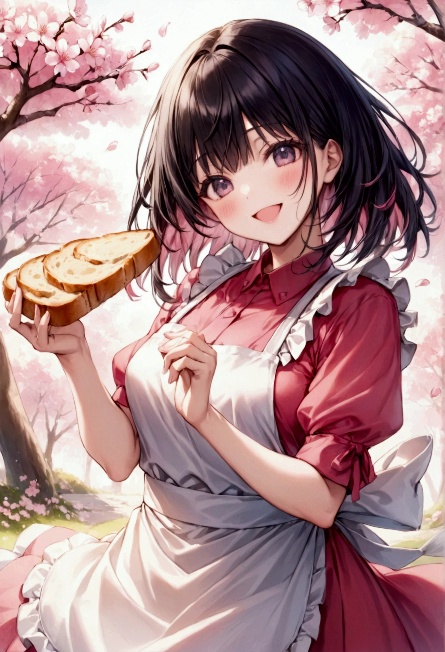  Beautiful woman with semi-long black hair wearing an apron holding out a slice of bread with both hands･Haruna, Lovely, dazzling smile , background：Pink tone based on cherry blossoms 