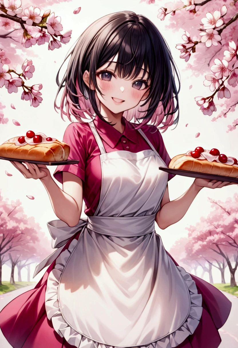  Beautiful woman with semi-long black hair wearing an apron holding out a slice of bread with both hands･Haruna, Lovely, dazzling smile , background：Pink tone based on cherry blossoms 