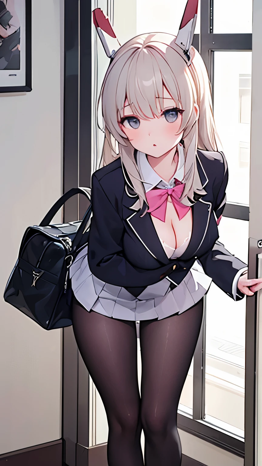 (8k、Highest quality、highest quality、masterpiece)、Detailed face、One girl、ONE boy、ayanami、No corners 、long hair、、blunt bangs、Grey Eyes、、、((Blazer jacket))、((White shirt))、((Pleated skirt))、((No panties))、((bent over))、Coffee shop、Standing in front of the cafeteria door、Sticks to the door glass、((Pressing her chest against the window 1.6))Spread your legs、Very large breasts、Nipples are visible、、Black Pantyhose、Milk dripping from nipples、Milk spurting from the nipple、、Open your mouth、Troubled face、Close ~ eyes、Love juice、Full body portrait、Masturbation、Put the vibrator in the crotch、Black Loafers、dildo in pussy