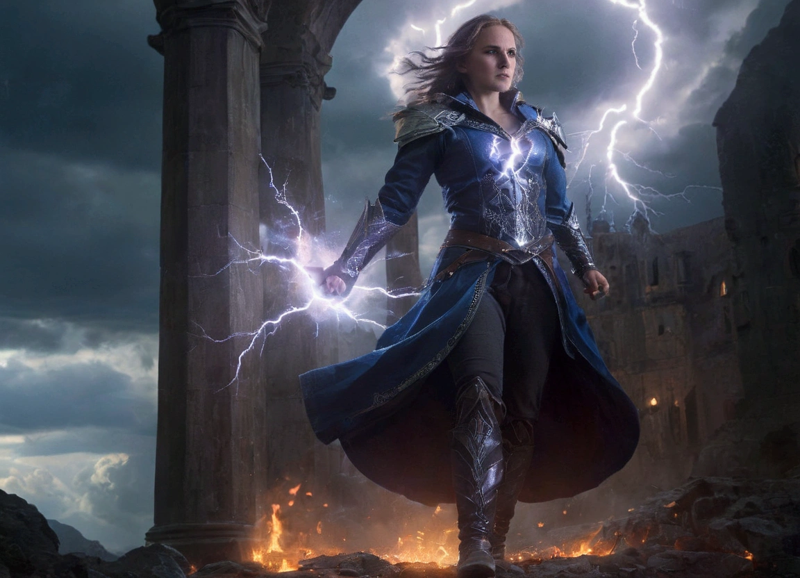 a man and woman facing each other,lightning striking behind them,battle between good and evil,magic and lightning,ice and fire,symmetrical epic fantasy art,graphic artist magali villeneuve,queen of ice and storm,epic clouds and godlike lighting,stormlight archive,abaddon and magali villeneuve,epic fantasy art style,(best quality,4k,8k,highres,masterpiece:1.2),ultra-detailed,(realistic,photorealistic,photo-realistic:1.37),intricate details,cinematic lighting,dramatic composition,intense colors,dynamic poses,powerful atmosphere