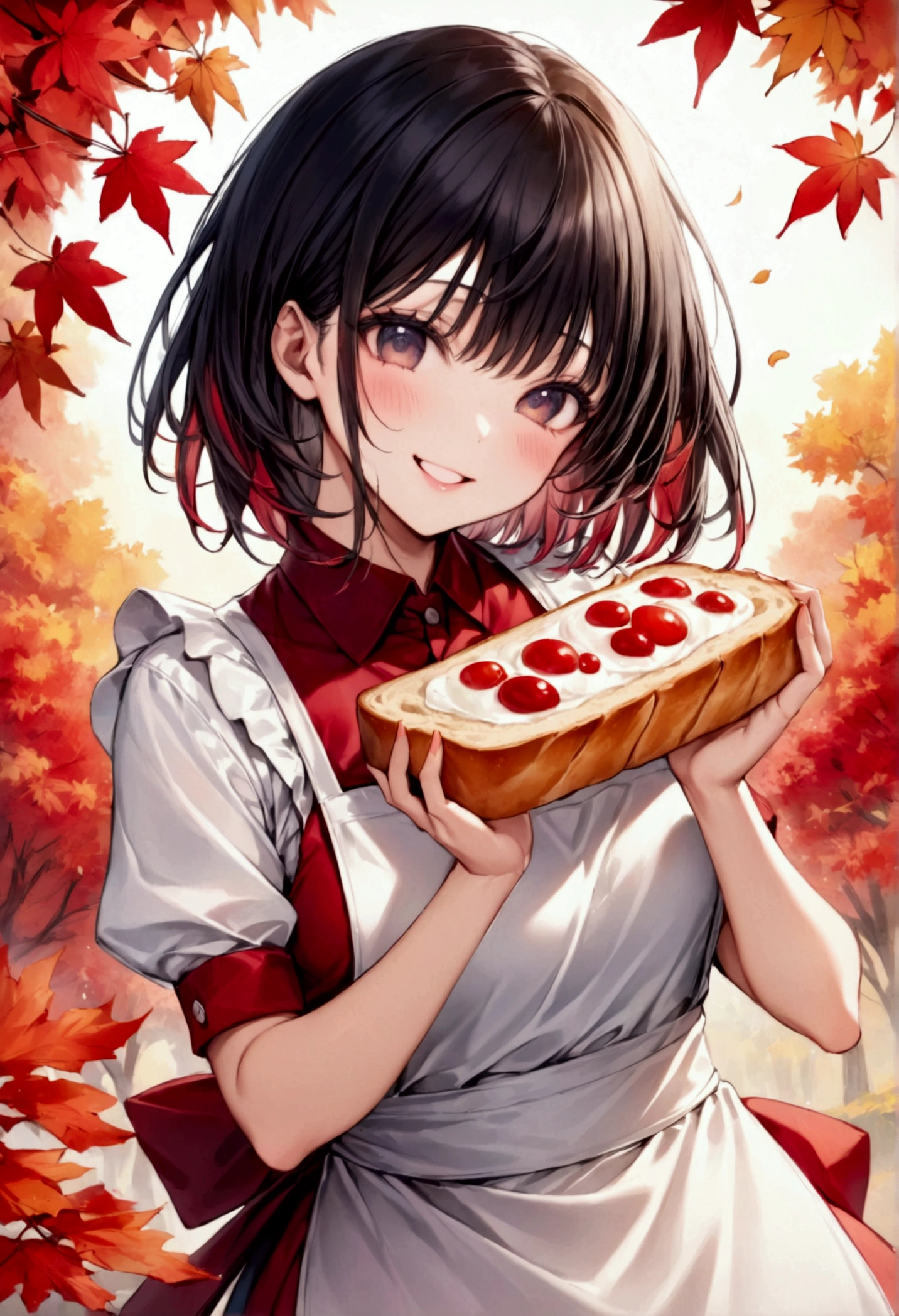  Beautiful woman with semi-long black hair wearing an apron holding out a slice of bread with both hands･Haruna, Lovely, dazzling smile , background：Crimson tone based on autumn leaves