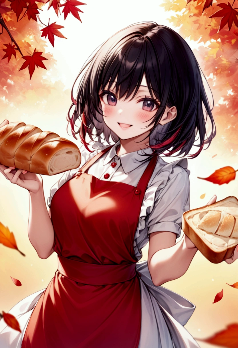  Beautiful woman with semi-long black hair wearing an apron holding out a slice of bread with both hands･Haruna, Lovely, dazzling smile , background：Crimson tone based on autumn leaves