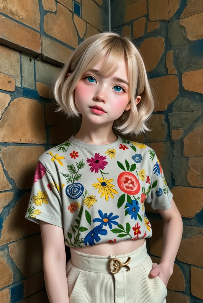  Geometric background :1.3、 dark color、 cute girl hair、 Look Away 、Printed shirt、Picasso painting t-shirts、 roomy clothes 、Retro、Best Quality、Super detailed、  High Quality Details 、green