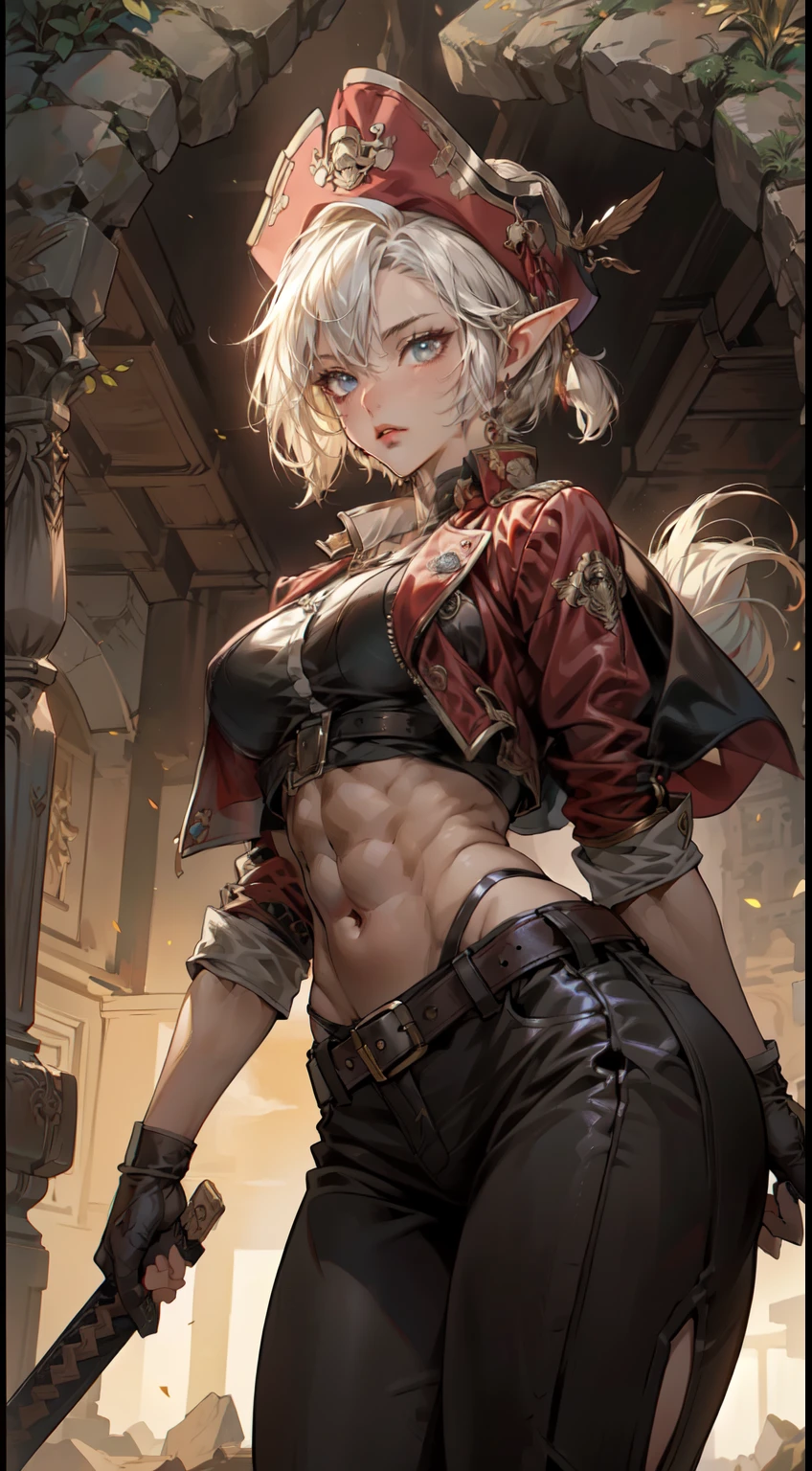 A beautiful female pirate stands in front of a large treasure chest, Female, beautiful elf race, white short hair, asymmetrical bang, insanley detailed face and eyes, Perfect lips, very beautiful and feminine, big breast, (abs: 1.3), Pirate king outfit, Black pirate hat with red feathers, Black leather jacket with gold accents, Black pants, Black boots, Large belt with sword sheath, Large black sword, (Inside the cave are various antiques, such as treasure chests, weapons, and jewelry as background), masterpiece, Aesthetic, dramatic, cinematic lighting, fine expression, fine detail, masterpiece, anime style drawing by Ayami kojima, HDR, digital art by Yusuke Murata, by Artgem