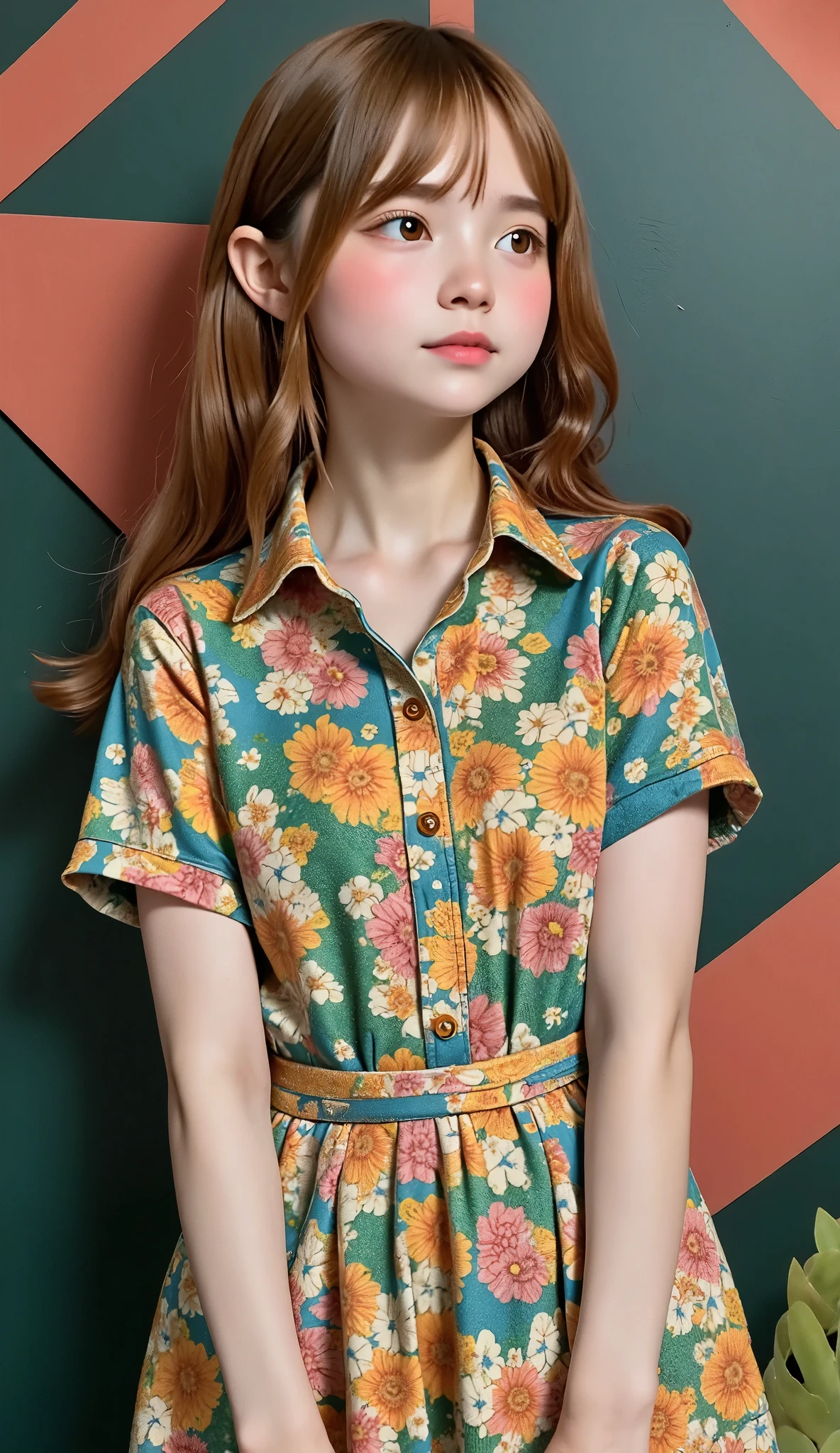  Geometric background :1.3、 dark color、 cute girl hair、 Look Away 、Printed shirt、Picasso painting t-shirts、 roomy clothes 、Retro、Best Quality、Super detailed、  High Quality Details 、green