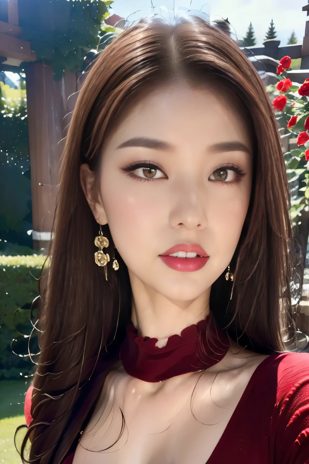 (woman, 22 years old), Rose Garden、Lots of red roses in the background , (masterpiece: 1.3), (Maximum resolution: 1.4), Cinematic Light, Ultra HD, (Detailed eyes and skin), ( Detailed Facial Features), 8k resolution,  Perfect Style , Beautiful Face、  highly detailed face and skin texture 、Detailed eyes、double eyelid、 dark eyeshadow and eyeliner :1.2、Pale Cheeks、 white skin:1.5、 shiny earrings,Red lipstick、Glossy lips:1.2、Full Body Shot:1.2,From a very intimate distance:1.2、Red high neck sweater、High heels、 straight hairstyle 、 camera carrying the Matchlock gun,Looking at the camera,Black Hair、Long Hair、(Asking for a kiss:1.2)