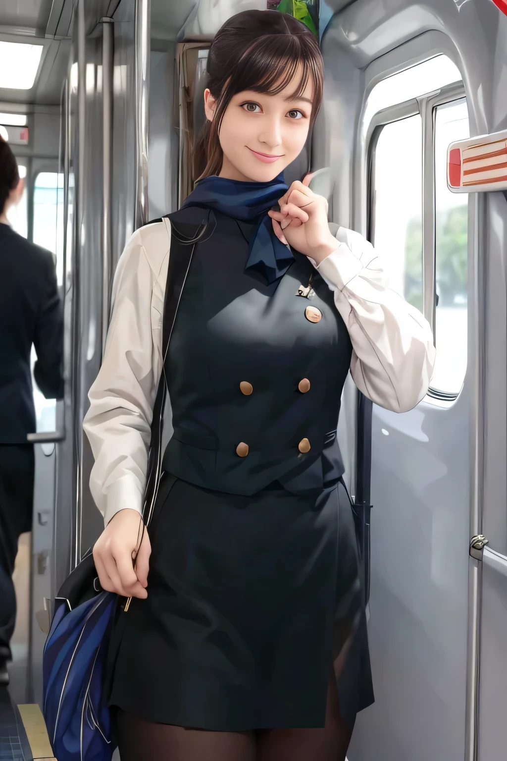 (masterpiece:1.2, Best Quality:1.2), 32K HDR,  High Resolution , (Alone、 1 girl)、（on board、 professional lighting that protrudes forward）、In-flight background、（Nankai Train crew uniformを着たリアルスタイル）、（（ Nankai Train Crew Uniform Collarless Blouse Long Sleeve 、  Black Curled Culottes Skirt 、Scarf around the neck））、Dark brown hair、（ long hair、Hair tied up、Hair tied up）、Dark brown hair、 LONG SHOT 、Big Breasts、Thin legs、（（Great hands：2.0）），（（ Harmonious Body Proportions：1.5）），（（Normal limbs：2.0）），（（Normal finger：2.0）），（（Delicate eyes：2.0）），（（Normal eyes：2.0））)、smile、（Nankai Train crew uniformを見せた美しい姿）、Hands clasped underneath
