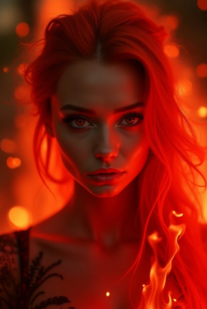 upper body shot, female fire elemental, red skin, red eyes, red hair, unreal and ethereal appearance, mystical, mysterious, captivating, complex fantasy character, NSFW, best quality, fantasy, magic, close-up, unreal and ethereal appearance, dynamic pose, cinematic lighting, warm color palette, photorealistic, highly detailed, RAW photo