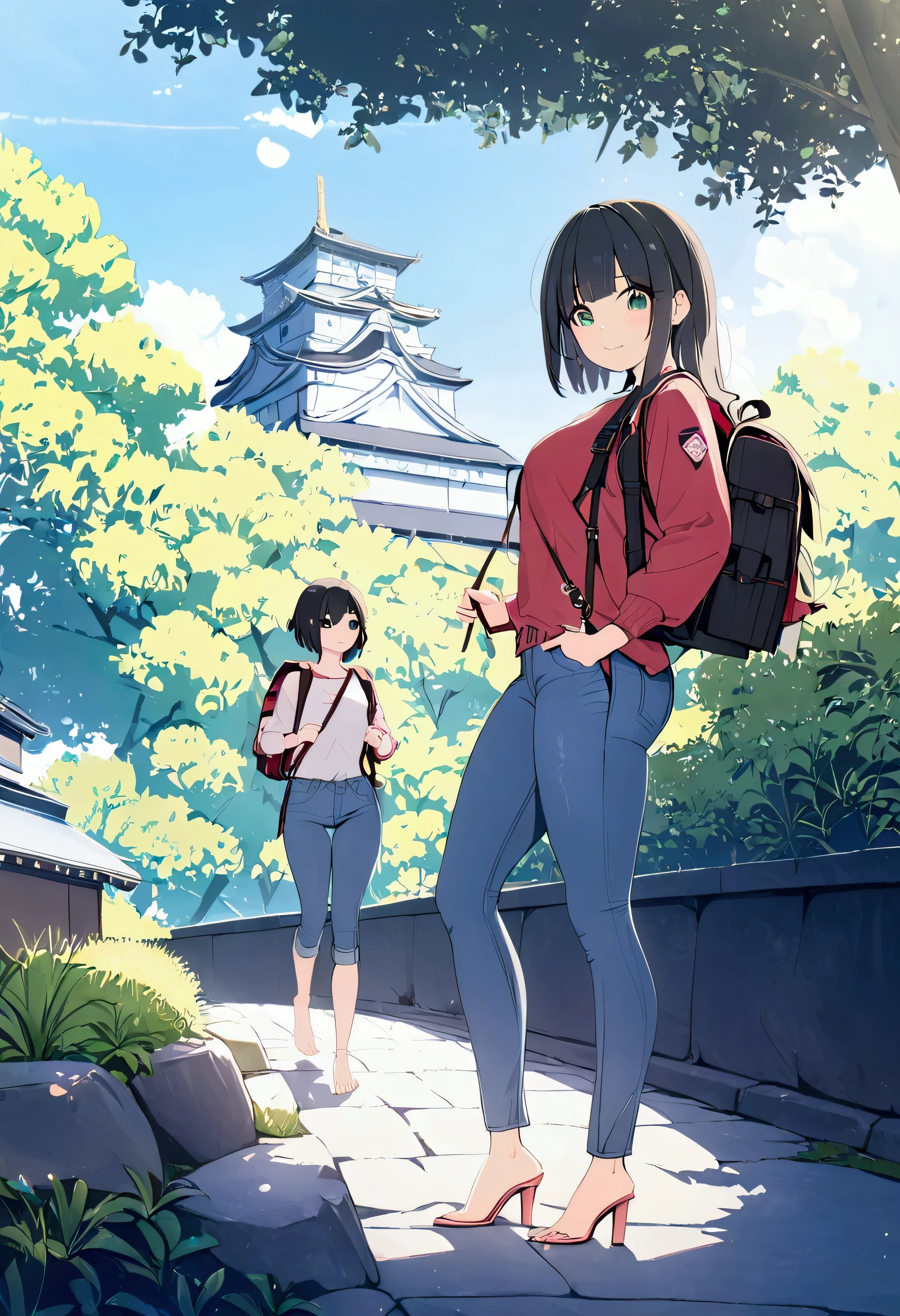 Best Quality,8k,masterpiece:1.3, Japanese anime style ,Human Girl,1 person,1 person,Petite, Glamorous Bodies,Curvy,cute,Smiling face,Beautiful long black hair, beautiful emerald green eyes ,Red long sleeve Ｔshirt, denim pants , barefoot with pink high heels , walking with a rucksack on my back, The background is a Japanese landscape , I can see a Japanese castle nearby ,