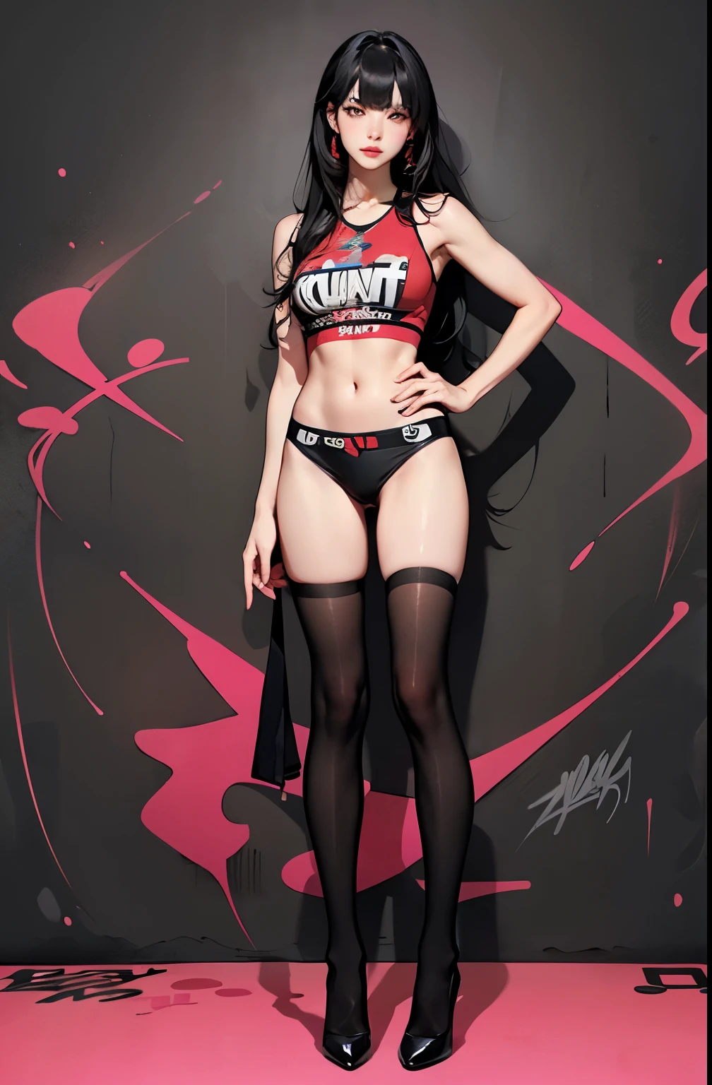 ((masterpiece, high quality, best quality, 8k, wallpaper, detailed, realistic)), 2girls, korean popstar, thighhighs, high heels, long legs, black hair, pretty hands, fringe, full body, (multiple girls:1.4), simple red background, palm trees,  (graffiti wall:1.2), muscular, strong, courageous 