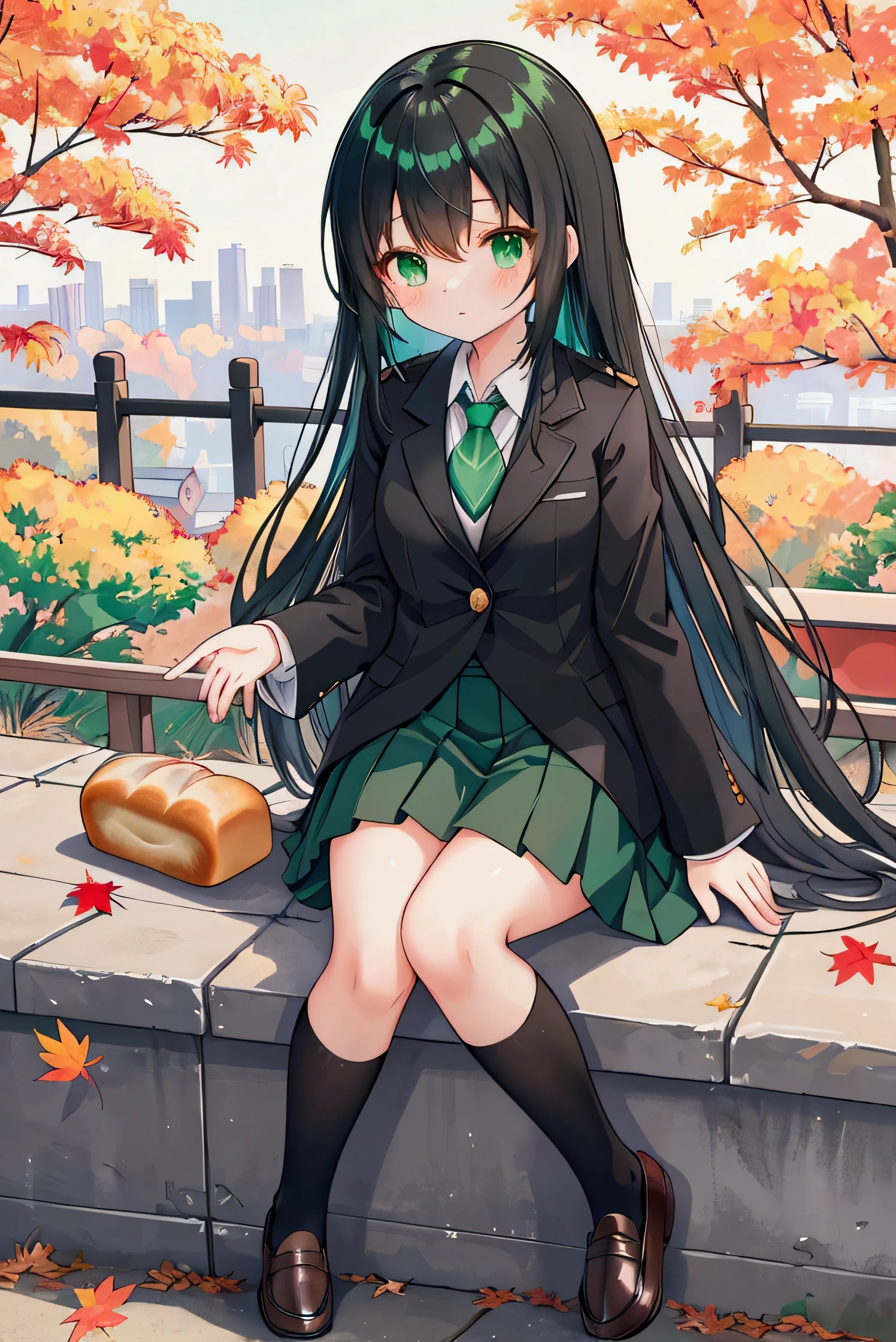 Best Quality,8k,masterpiece:1.3, Japanese anime style ,Human Girl,1 person,1 person,Petite, Glamorous Bodies,Curvy,cute,Panic look,Beautiful long black hair swaying , beautiful emerald green eyes ,Start running with a loaf of bread in your right hand,Black blazer uniform,Long sleeve blouse,Green tie,Green mini skirt,Black socks, loafers,Autumn landscape in Japan,School route,
