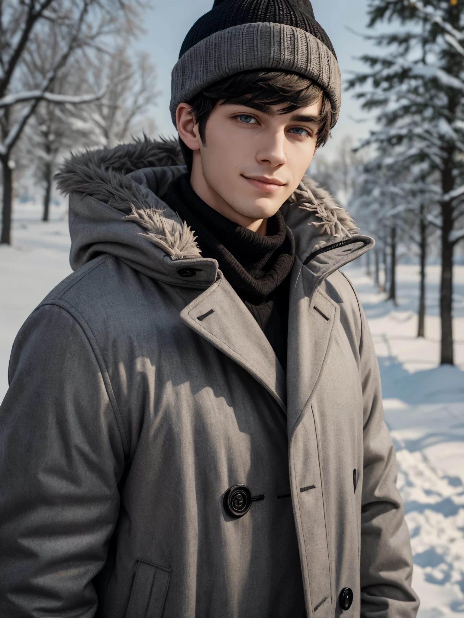 (best quality), 1boy, male, 24 years old, young man, pale skin, black hair, short hair, short messy bangs, grey eyes, perfect eyes, handsome, smirk, smug, winter hat, winter coat, strong jawline, wealthy, masterpiece, anatomically correct, highres
