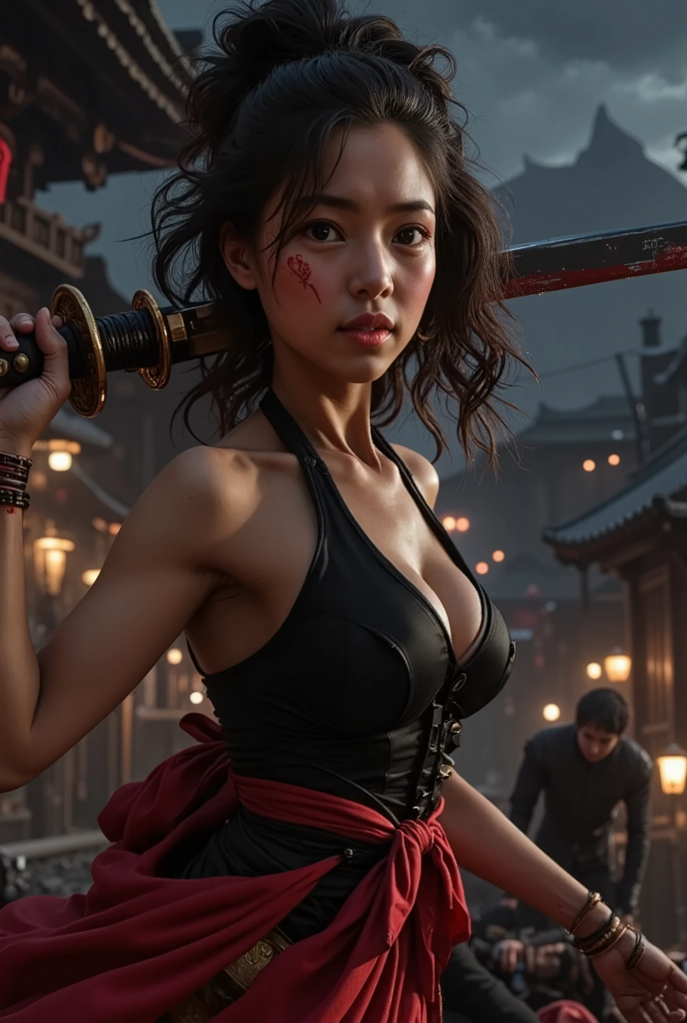 1woman, night time , full body pose ,rise one hand up, samurai sword in her hand, shining samurai blade with blood , beautiful detailed eyes, face to thigh view ,blood smear on her face, serious face, fighting emotion, beautiful detailed lips, extremely detailed face, long eyelashes, sexy black-red ninja suit, red bra, Flowing red fabric from ninja suit,  fighting pose , fantasy landscape, 1monster running behind her , many monsters far away in background, Ancient Japanese houses, ancient lamp poses, night time lighting, dramatic atmosphere, intricate details, moody colors, digital art, hyper-realistic