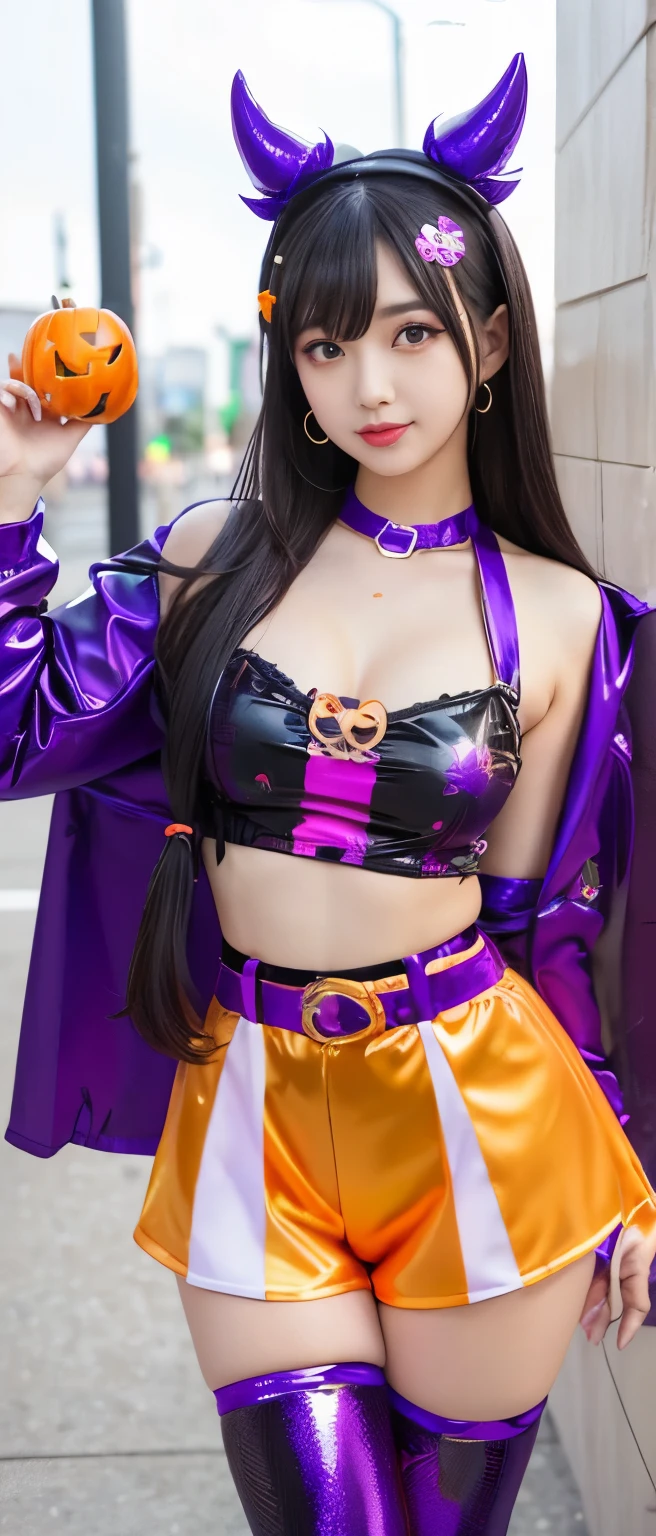 /*Quality sentences*/
of the highest quality, 16 K, masterpiece, hyperdetailed face, very detailed lips, Detailed eyes, Realistic pupils,
BREAK,
/*Characters and expressions*/
Extremely Beautiful Girl, Japanese girl, 1 girl, Light on Face, flipped hair, (purple hair:1.5), blunt bangs, (detailed black eyes:1.4), (heavy eye makeup:1.1), (red lips:1.3), (((very sweet smile))),
BREAK
/*garments*/
jirai kei, jirai fashion, (yellow shirt in front of navel, Skirt-style bikini, midriff, navel cut out), (ribbon bikini),(cleavage:1.3), (underboob:1.5), yellow skirt, black bow, long sleeves, choker, ribbon, (yellow blouse in front of navel:1.3), (black low waist skirt:1.2),
BREAK
/*pose*/
(Lift the hem of the skirt, Lift the hem of the skirt with both hands, Lift the hem of the skirt yourself), nice hands, perfect hands, ((lace panties)),
BREAK
/*Angular posture*/
Tokyo street, looking at viewer