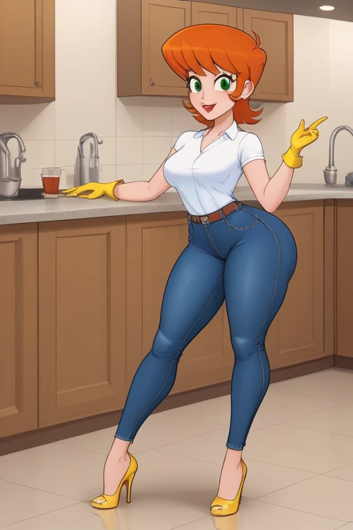 Dexter's mom. short hairstyle. ginger. green eyes. small saggy breasts. huge hips. yellow gloves. shirt. jeans. heels. cafe