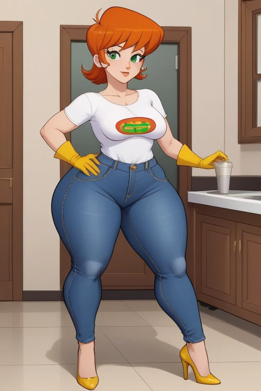 Dexter's mom. short hairstyle. ginger. green eyes. small saggy breasts. huge hips. yellow gloves. shirt. jeans. heels. cafe