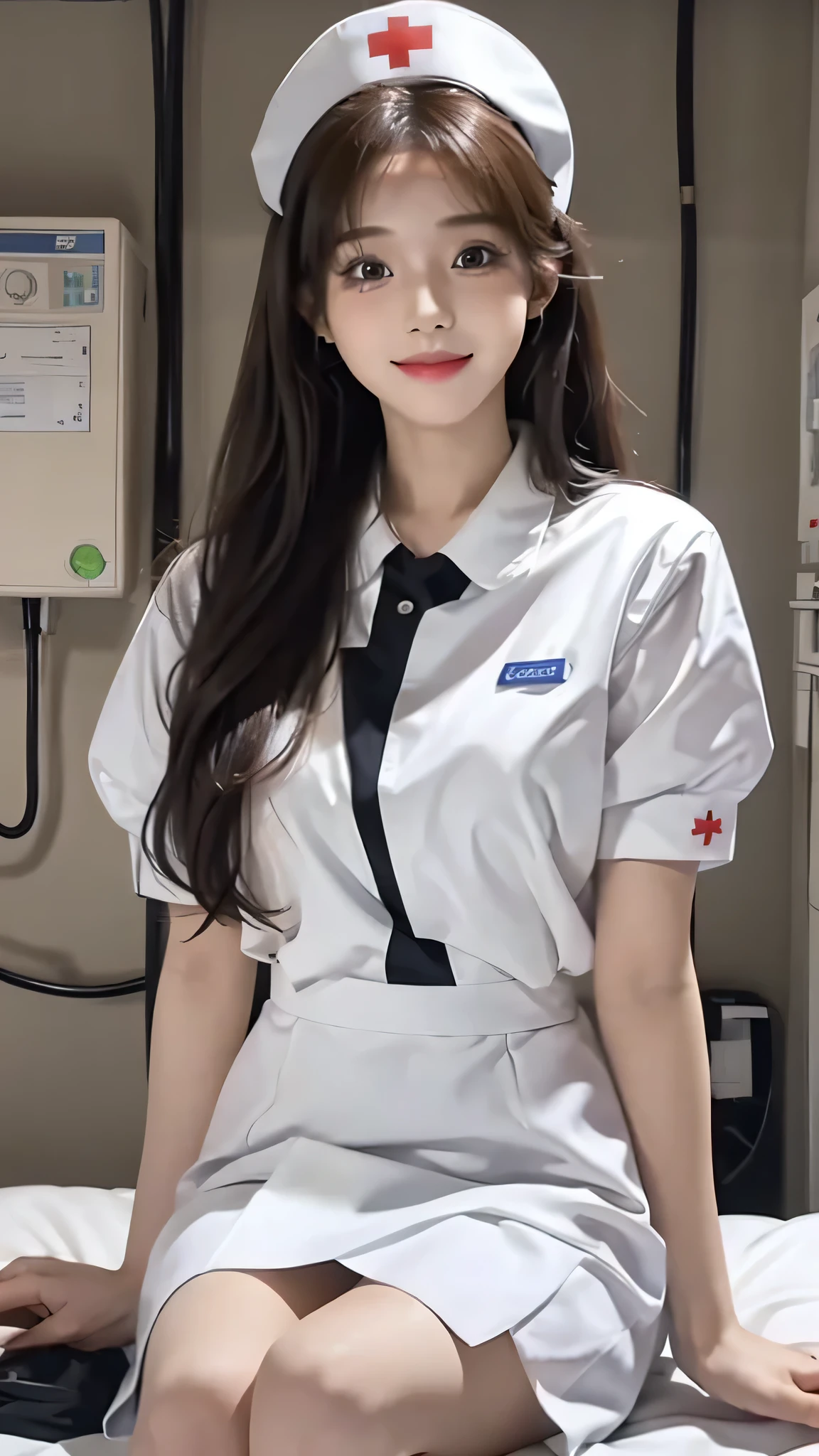 Creates an image of a nurse in a white uniform standing next to a hospital bed, prepare for injection. Captures detailed features of nurse uniforms, Highlight the crisp white fabric, Mini skirt ,her facial expression showing intensive care.brunette disheveled hair:1.3、A smile、