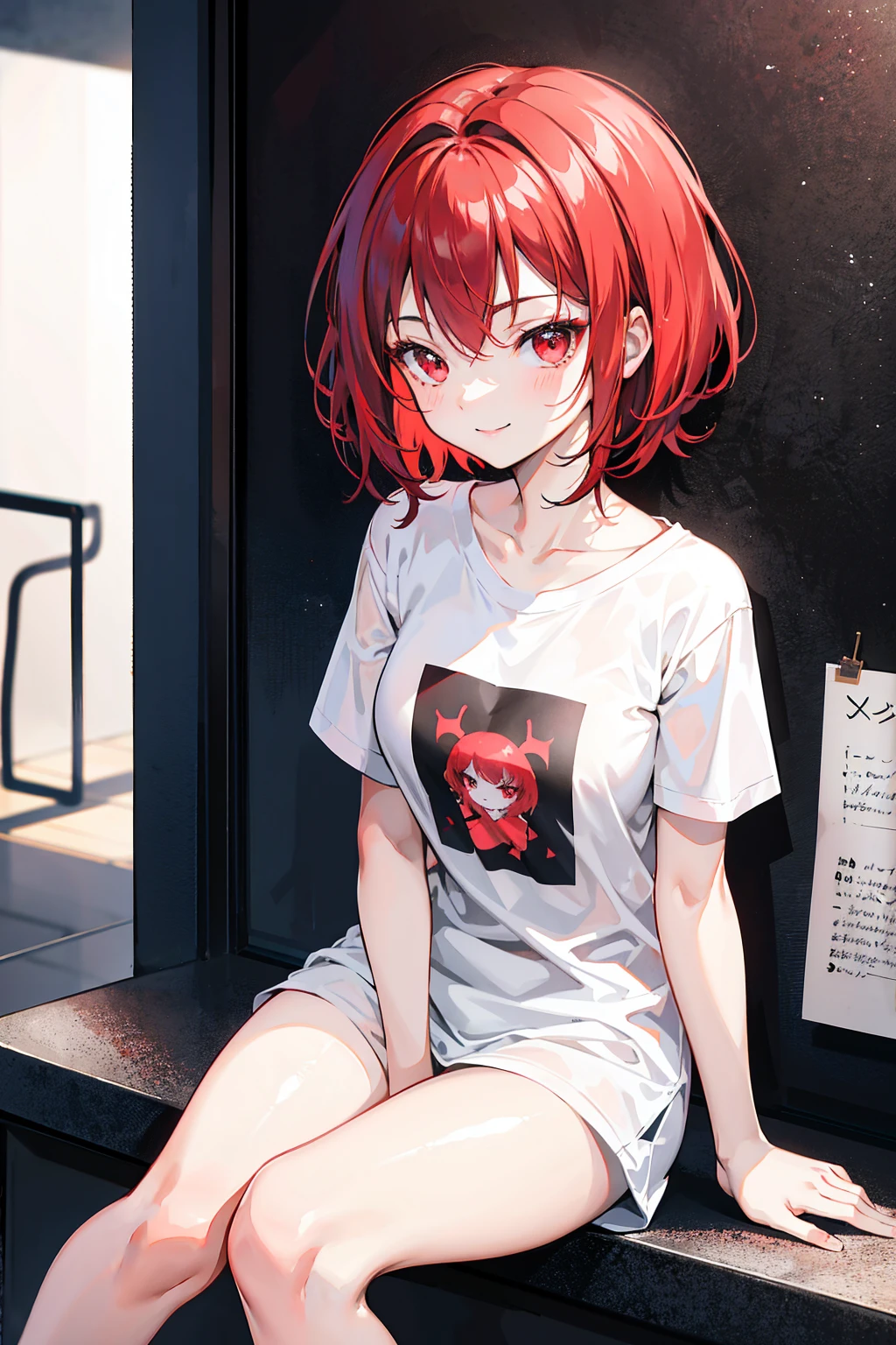 white t-shirt, black shorts, absurdres, RAW photo, extremely delicate and beautiful, masterpiece, Best Quality, ultra high resolution, 32k, hyperrealistic, ultra-detailed, detailed description, pale skin, 20 years old, tearful mole, earring, short medium hair, wavy hair, whole body shot, Redhead, Red eyes,