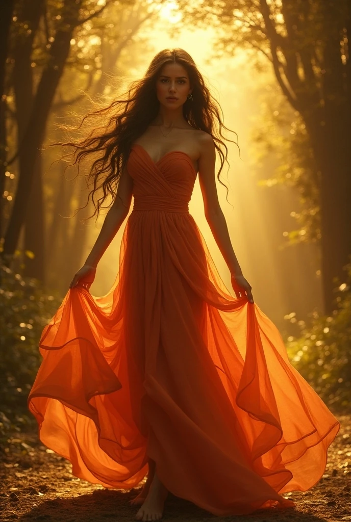 Image réaliste, plus détaillée et très précise. Il comprend une femme debout, devant un grand livre, souriante dans la forêt, de grands arbres, un épais brouillard ou au coucher du soleil.  Photo principale : • Une femme bien corpulente vêtue d'une robe en soie rouge, de beaux cheveux longs soufflés par le vent, sûre d'elle, âgée de 30 ans. Tenez-vous debout sur un grand livre ouvert. Comme si elle sortait du livre, tel un phénix. • Environnement (forêt), coucher de soleil, une lumière douce rayonne derrière la femme pour créer un effet de lumière cinématographique.