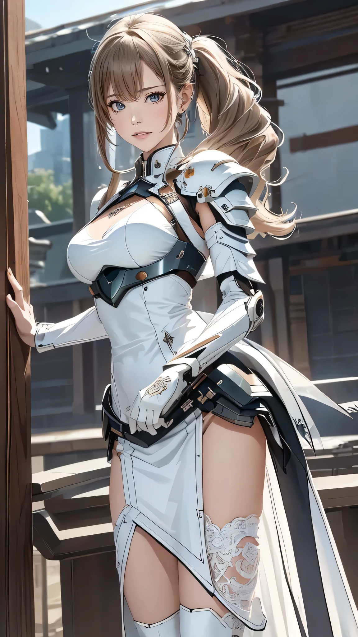 (dynamic fighting pose),(leather boots,(asymmetrical mecha armor),(long embroidered white lace dress,see through,lift up the hem of the dress)),(random hairstyle),(Thin type:1.8),(large breasts),(Highest image quality,(8K), Ultra-realistic, Best Quality, High quality, High Definition, high quality texture, high detailing, Beautiful detailed, fine detailed, extremely details CG, Detailed texture, realistic representation of face, masterpiece, presence)