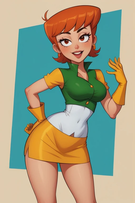 Dexter&#39;s mother. Short hairstyle. ginger. green eyes.  big boobs and perching. huge hips. yellow gloves. Sexy lingerie . jump. café, Coastal view.