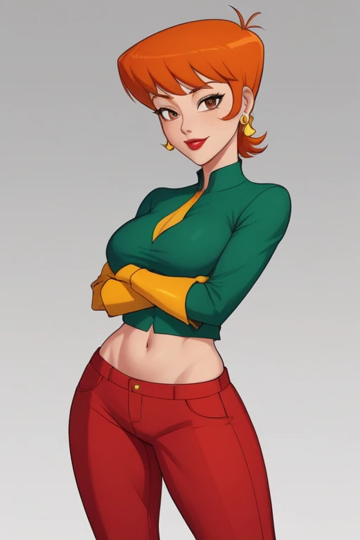 Dexter&#39;s mother. Short hairstyle. ginger. green eyes.  big boobs and perching. huge hips. yellow gloves. Sexy lingerie . jump. café, Coastal view.