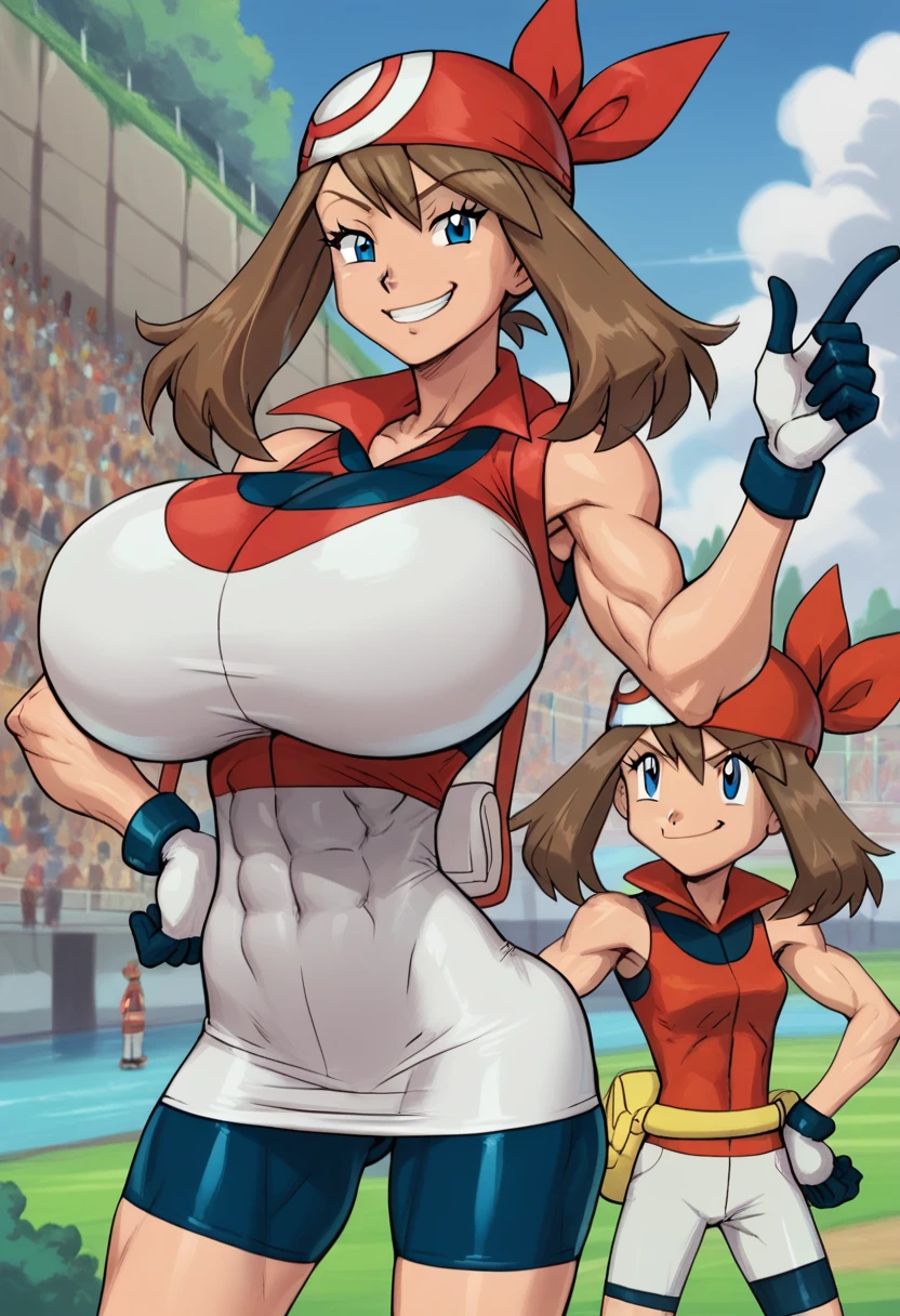 score_9, score_8_up, score_7_up, score_6_up, BREAK, may (pokemon), blue eyes, brown hair, bandana, medium hair, red bandana, twintails, bike shorts, gloves, multicolored shirt, red shirt, bare shoulders, torso, smug smile, gigantic bust, toned, strong, mega body,