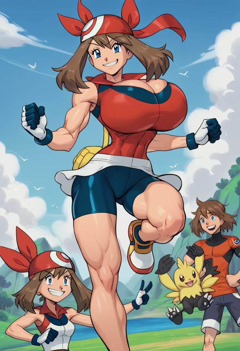 score_9, score_8_up, score_7_up, score_6_up, BREAK, may (pokemon), blue eyes, brown hair, bandana, medium hair, red bandana, twintails, bike shorts, gloves, multicolored shirt, red shirt, bare shoulders, torso, smug smile, gigantic bust, toned, strong, mega body,