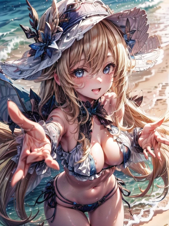 Anime, Beautiful Face,  highly detailed face, Two precise legs, blue detailed eyes , Perfect fingers, Perfect hands,  Highly Detailed Beach Backgrounds ,  perfect lighting,  Best Body Lighting , Boat hat,  1 girl, Alone, Boat,  Genshin Impact, Outdoor,   Beautiful Blonde Long Hair  , Absurd, high res,  Ultra Sharp, 8k, masterpiece,  viewers almost at night, (Happy smile:1.2),  Blushing Luggage , break ( Detailed Sexy Beach Bikinis :1.4),  All Intricate Lace , ( sexy pose:1.2), (  Human Hands Reaching Out to Viewers:1.4), Incoming Hands  