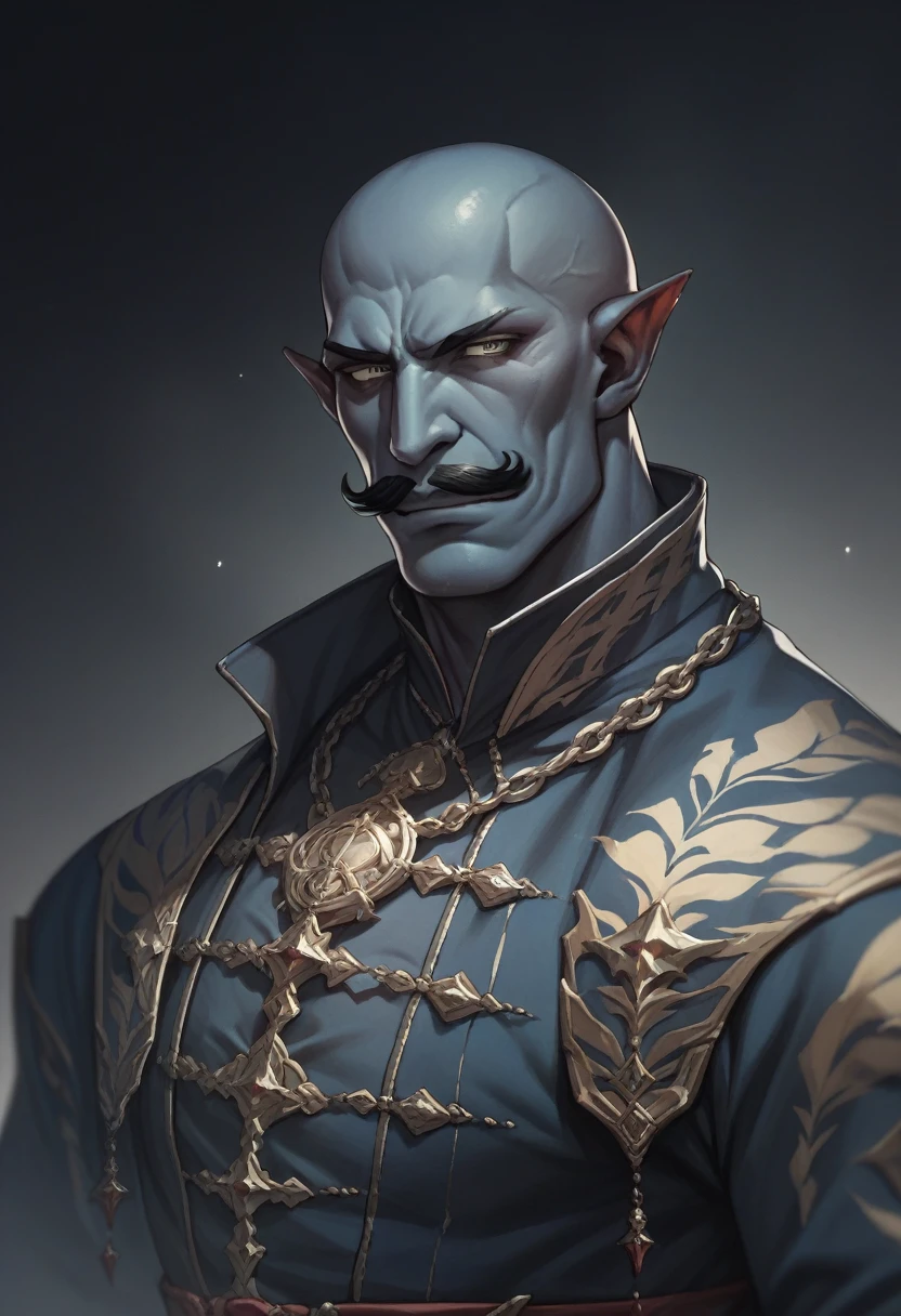 A good looking rakshasa of Indian mythology dark blue skin pointy ear bald head black moustache black eyebrows muscular body dark background