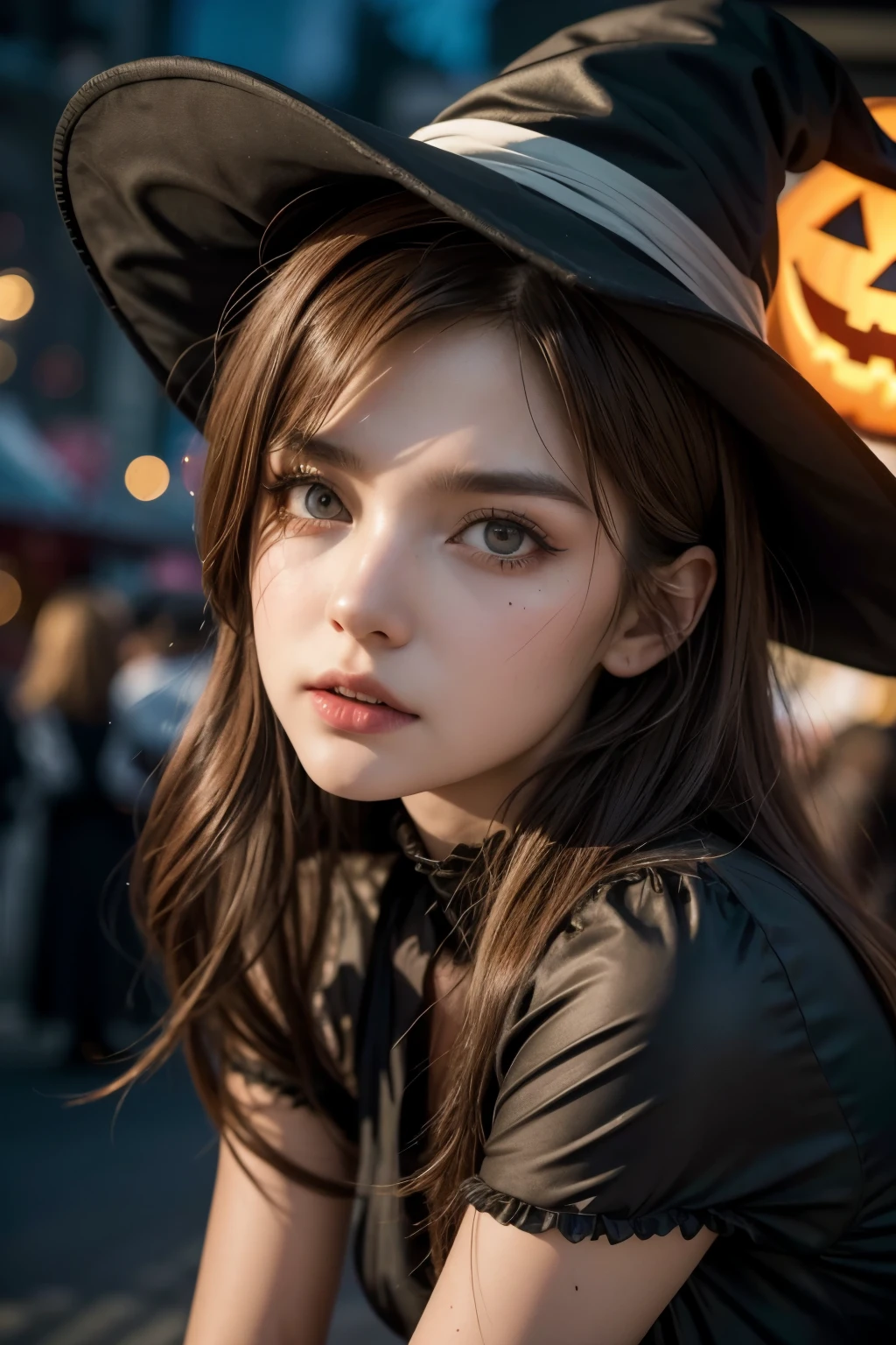 realistic, cinematic, photogenic, Haloween, in an urban area, wearing cosplay of Haloween witch, wearing large witch hat, gothic lolita fashion, Jack O'Lantern in the background, a very lively crowd around, festive atmosphere, in the night, crouching down, shot from directly above, ultra close-up, gaze of temptation, blank look, upturned eyes, bright brown hair, pompadour hairstyle, twisted bangs, hair is blowing in the wind, hair is shaggy and dishevelled, a flushed face from drunkenness, a little sweaty, a tipsy expression, beautiful white translucent skin, slendar figure, a little exposed chest, heavy and vivid makeup, makeup like devil and witch, detailed rendering, cinematic lighting, vibrant colors, photorealistic, best quality, 8k, hyperdetailed