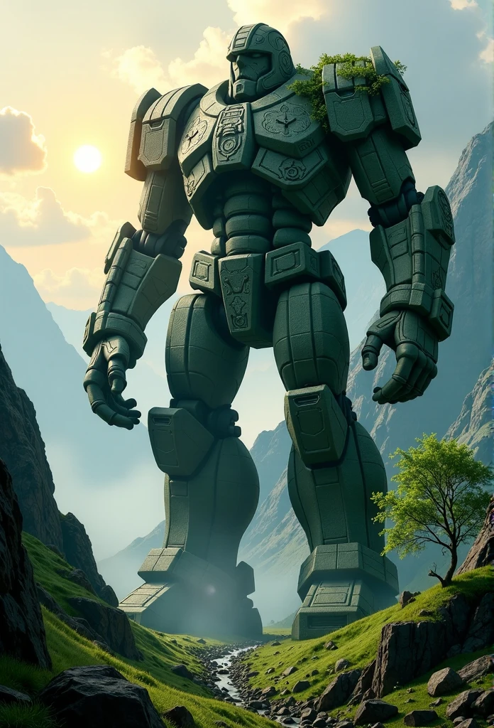 A colossal stone golem, long abandoned and overgrown with moss and vines, standing stoically between two majestic, serene misty mountains. Its towering, ancient form casts a solemn shadow on the lush, emerald valley floor. The golem's intricate carvings, once proud and sharp, have been softened by the relentless embrace of nature, with ivy wrapping around its massive limbs and a tree growing from a crack in its chest. The air is thick with an ethereal mist that weaves around the creature, obscuring its feet and blending it seamlessly into the mystical landscape. A gentle breeze caresses the leaves of the surrounding trees, causing the mist to dance in delicate swirls. The sun, a warm, golden orb, peeks through the clouds, casting a soft, heavenly glow that bathes the scene in a surreal light. The quietude of the area is palpable, broken only by the distant melody of a mountain stream and the occasional call of a solitary bird. The atmosphere is one of profound peace, with the golem serving as a silent sentinel that bridges the gap between the realms of the living and the forgotten.