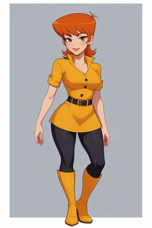 Dexter&#39;s mother. Short hairstyle. ginger. green eyes.  big boobs and perching. huge hips. yellow gloves.  wearing sexy lingerie. jump. café, Coastal view.