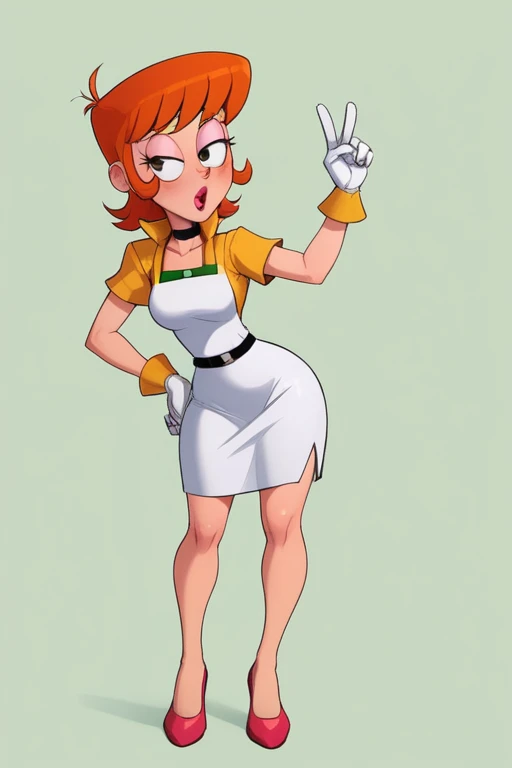 Dexter&#39;s mother. Short hairstyle. ginger. green eyes.  big boobs and perching. huge hips. yellow gloves.  wearing sexy lingerie. jump. café, Coastal view.