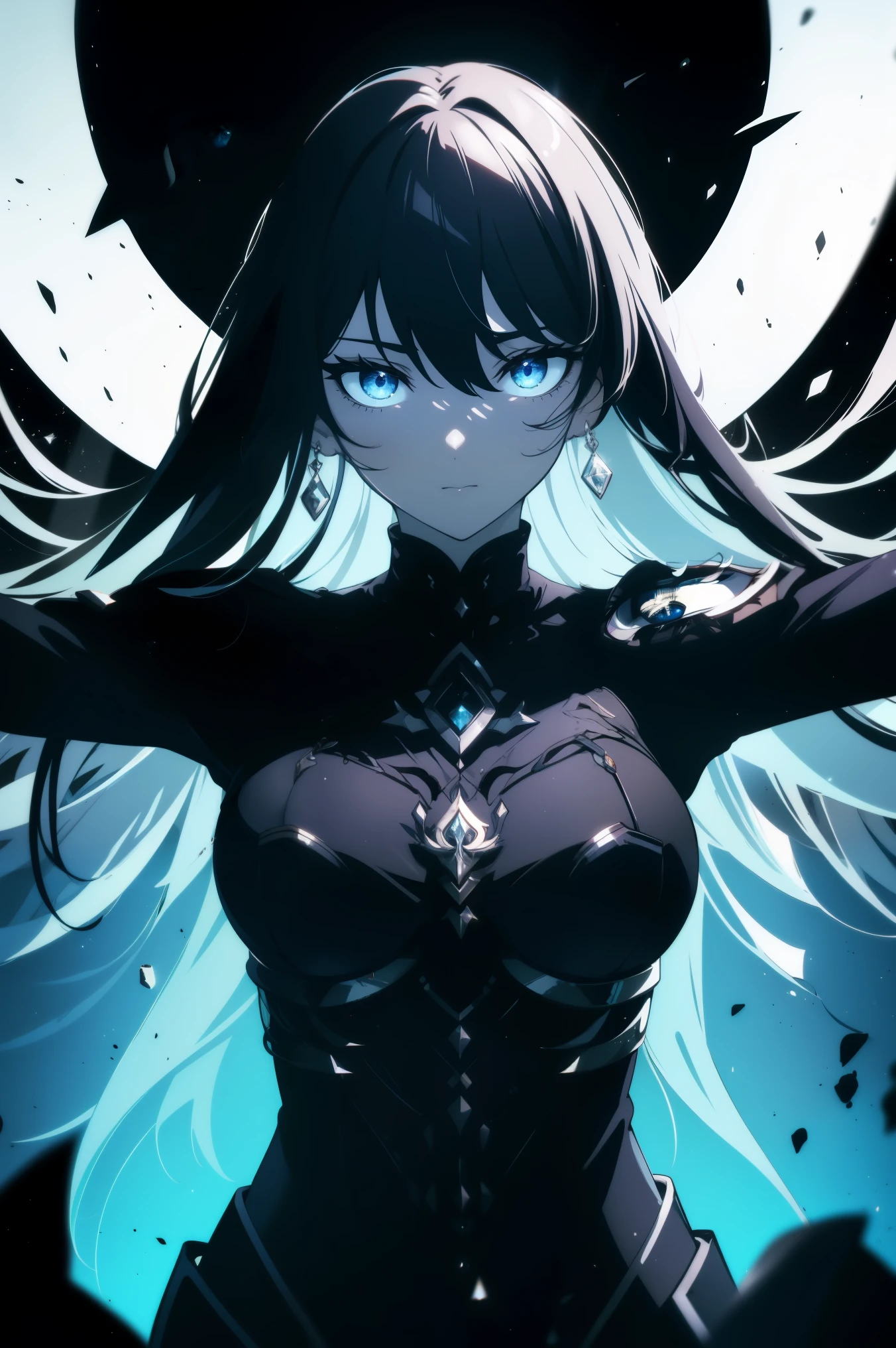 A cute girl with black hair wearing an elegant dress. She is smiling, but there is a disturbing sense of possessiveness and obsession in her eyes. Her gaze reflects deep love mixed with instability and a hint of anger. The background is a dark room with a window showing a night cityscape. The character stands in the center of the room, giving the impression that she is in complete control of the space. The image should strongly emphasize yandere elements, making it clear that the character's love is intense and possessive, bordering on the unsettling.
