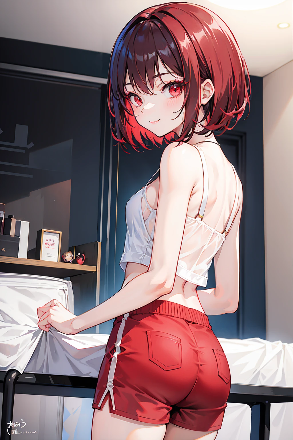 white t-shirt, blue shorts, absurdres, RAW photo, extremely delicate and beautiful, masterpiece, Best Quality, ultra high resolution, 32k, hyperrealistic, ultra-detailed, detailed description, pale skin, 20 years old, tearful mole, earring, short medium hair, wavy hair, whole body shot, Redhead, Red eyes,