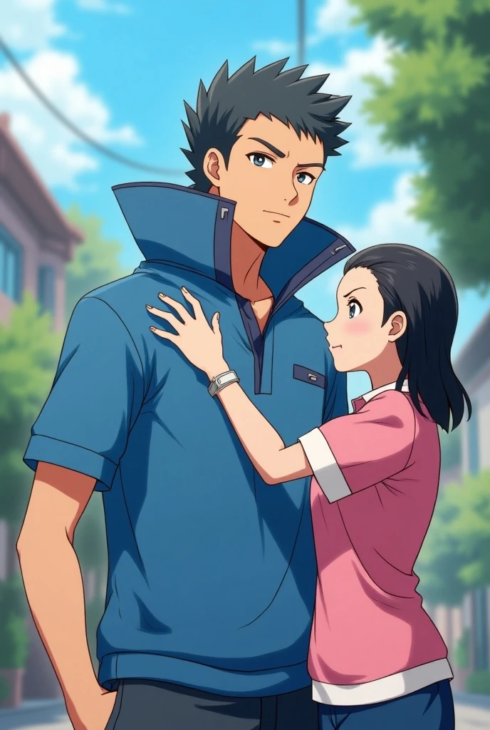 Man and woman, 35 and 40 years old, talking with their children, in front of a school, anime style, 2D, realistic