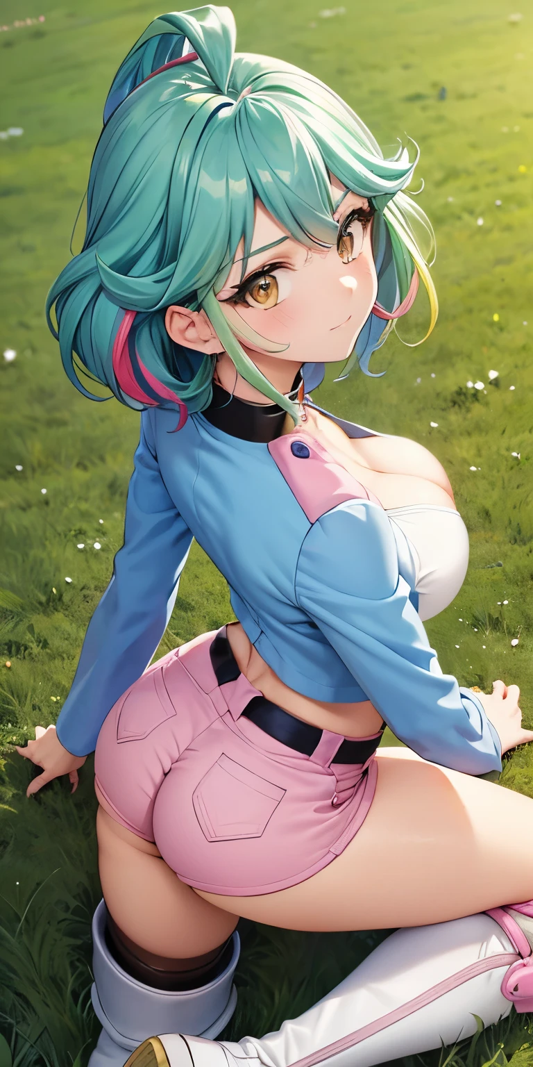 1 Female,High definition,high resolution,Ultra-realistic,8K, rin_arc_v,blue jacket,long sleeves,black choker,(pink shorts),(white boots), multicolored hair,yellow eyes,European,sexy,Upper body close-up,Photographed from the front,Dynamic Angles,private teacher,blush, (small tits), pretty  ,(pov , closed shot:1.3),from behind,huge ass,((show ass))