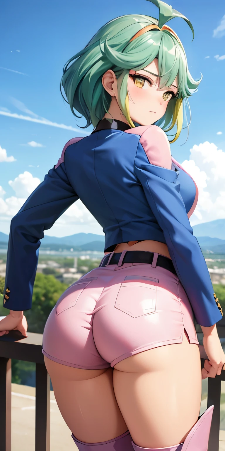 1 Female,High definition,high resolution,Ultra-realistic,8K, rin_arc_v,blue jacket,long sleeves,black choker,(pink shorts),(white boots), multicolored hair,yellow eyes,European,sexy,Upper body close-up,Photographed from the front,Dynamic Angles,private teacher,blush, (small tits), pretty  ,(pov , closed shot:1.3),from behind,huge ass,((show ass))