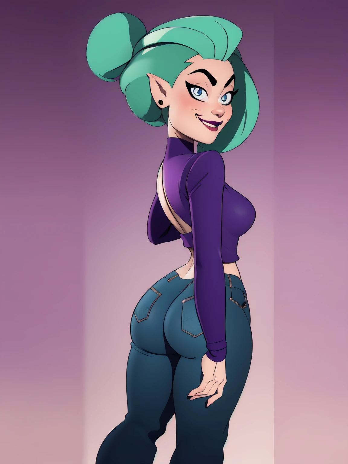 1girl, solo, green hair, single hair bun, blue eyes, lipstick, pointy ears, Shirt, Purple Pants, booty, butt, backside, showing her butt, Evil Face, Evil smile, Lip Bite, Staring at Viewer, butt Shaking, Purple Background