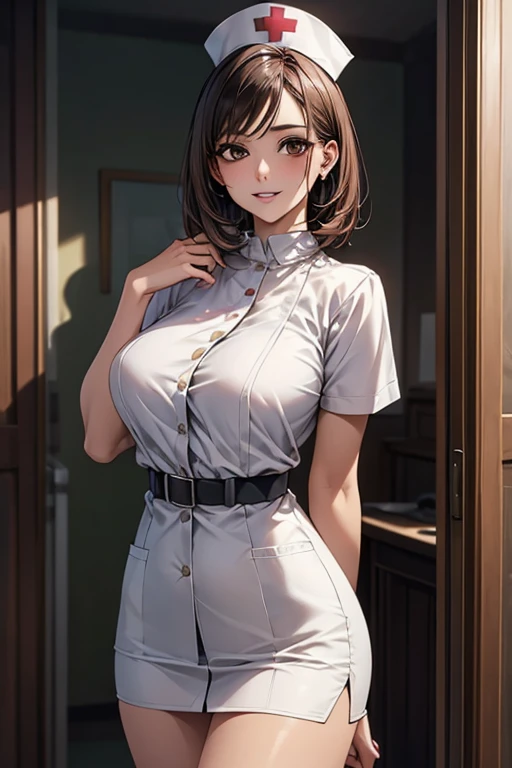 1 female, 40 years old, (Nurse cap,  nurse clothes and miniskirt ), masterpiece, Green, (  very tanned and shiny skin ), Big Breasts, photoRealistic, Realistic, Alone, photoRealistic, Best Quality,   super high definition , ,  outdoor , colorful,  Daytime Settings, beautiful, masterpiece, Best Quality,  very detailed な顔,  perfect lighting,   super high definition ,  very detailed , (background: Hospital room)。Unbutton、Show me bras on one side only