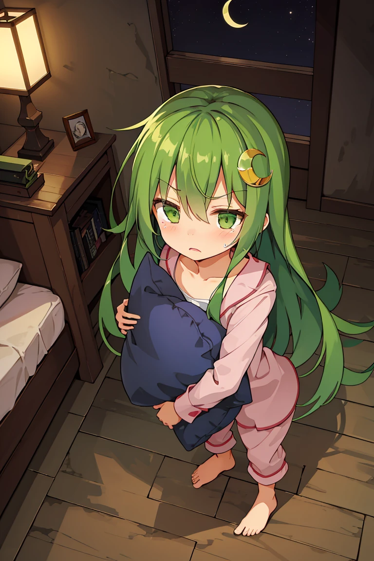 Portrait, official art, best masterpiece, best quality, best resolution, 8K, best detailed, perfect anatomy, From above
BREAK
standing, (hugging a pillow:1.3), Looking up
BREAK
green hair, long hair, green eyes, hair ornament , (crescent moon hair piece), pajamas, (flat chest, _like build, short stature:1.2), 1small girl, solo
BREAK
serious face, bashful, tears, close your mouth
BREAK
bedroom, (night, midnight, darkness:1.3), very fine and detailed 16KCG wallpapers