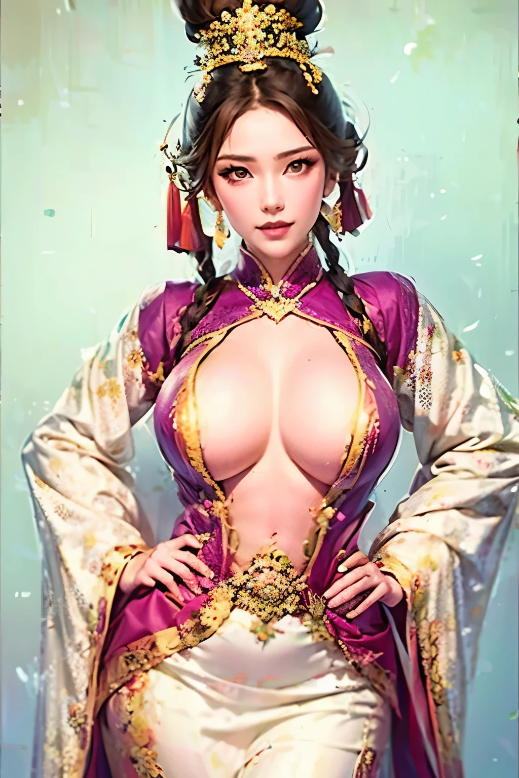  beautiful woman, Three Kingdoms costume ,  dynamic pose, A seductive expression, sexy body, neutral color costume 