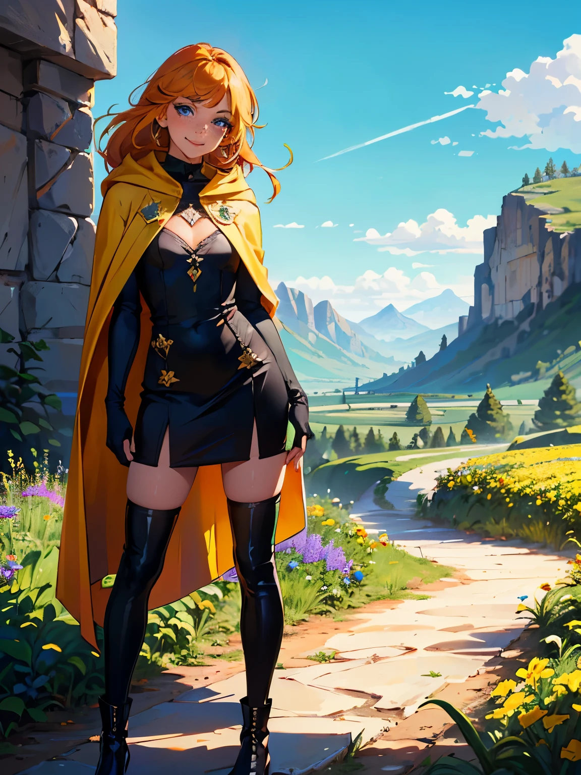 masterpiece, high quality, (1_woman), (full body), (exotic skin_complexion), mature, cute pose, (smiling), grinning, (((giggling))), beautiful, exotic, with (((freckles))), (((looking away from the camera))), (((eyes lookings away from viewer))), ((hands folded together)), wearing (((yellow))) hooded cape), hood down, (((yellow cape))), broach, black choker, (thigh highs) with purple embroidery, long fingerless leather gloves, ((small breast)), black sleeveless dress, (orange hair), long hair, realistic and detailed face having diamond shaped eyes, (((blue eyes)), dark_eyeliner, long_eyelashes), natural dynamic lighting casts detailed shadows, black thigh highs, knee high dark brown boots, in flower garden, mountains in the distance, sunny day,